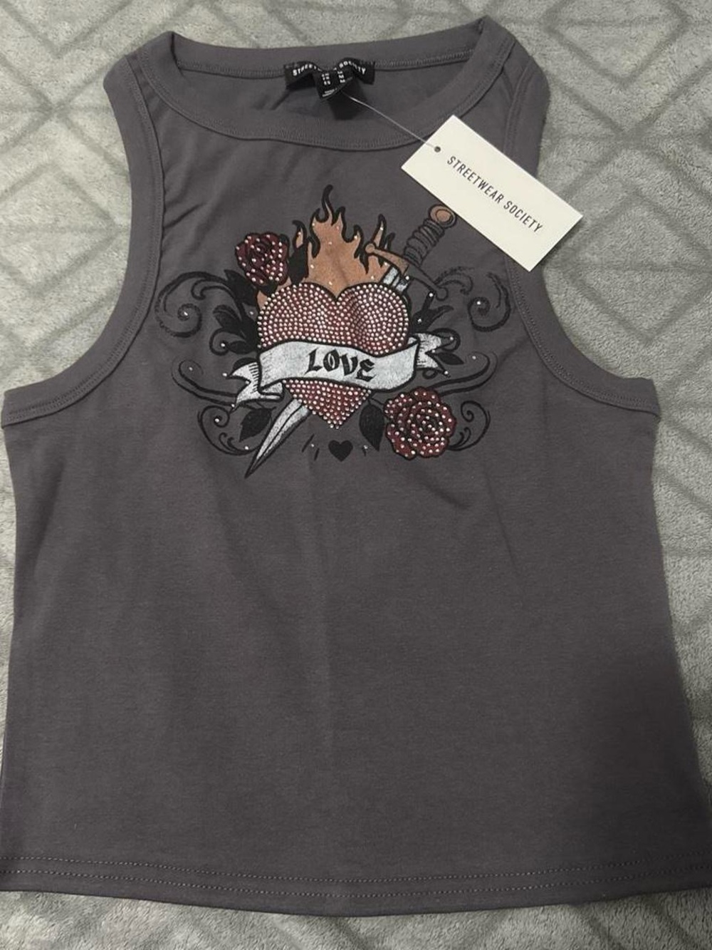 Society Gray Graphic Tank with Red and Gold Accents